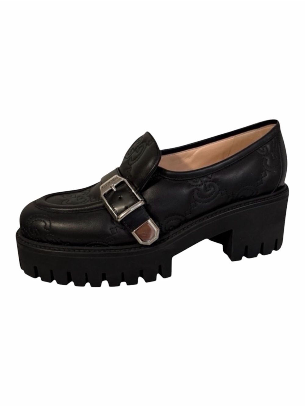 Gucci GG Black Matelassé Loafers with Silver Buckle Size 37